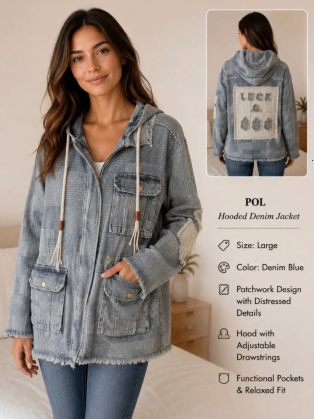 POL HOODED DENIM JACKET. NEW WITHOUT TAGS.